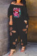 Black Fashion Casual Print Hollowed Out Off the Shoulder Regular Jumpsuits