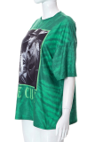 Green Fashion Print Patchwork O Neck T-Shirts