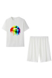 Red Casual Print Patchwork O Neck Short Sleeve Two Pieces