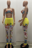 Yellow Sexy Print Patchwork Spaghetti Strap Sleeveless Two Pieces