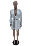 White Fashion Casual Solid Bandage V Neck Long Sleeve Two Pieces