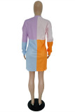 Pink Fashion Casual Letter Print Patchwork Contrast O Neck Long Sleeve Dresses