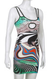Colour Sexy Print Hollowed Out Patchwork Spaghetti Strap Pencil Skirt Dresses