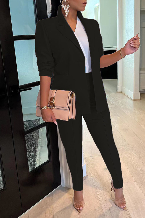 Black Casual Solid Patchwork Turn-back Collar Long Sleeve Two Pieces