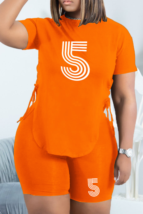 Tangerine Red Fashion Print Draw String O Neck Short Sleeve Two Pieces