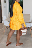 Yellow Casual Solid Patchwork Buckle Fold Turndown Collar A Line Dresses