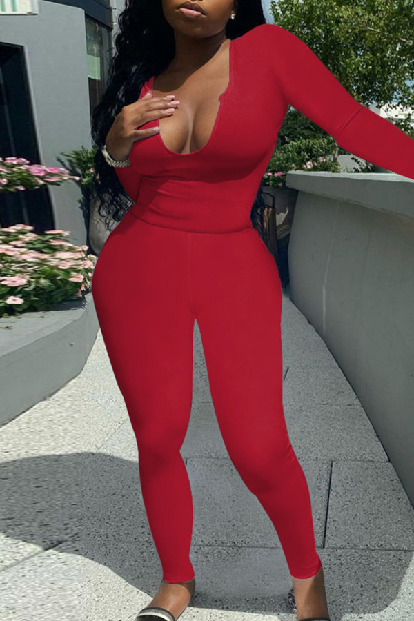 Red Fashion Casual Solid Basic O Neck Long Sleeve Two Pieces