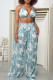 Blue Sexy Casual Print Bandage Backless Halter Sleeveless Two Pieces
