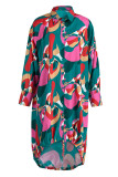 Red Casual Print Patchwork Buckle Shirt Dress Dresses