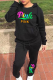 Black Fashion Print Patchwork Hooded Collar Long Sleeve Two Pieces