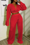 Red Sexy Solid Bandage Patchwork V Neck Long Sleeve Two Pieces