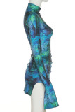 Blue Sexy Print Patchwork Half A Turtleneck Pencil Skirt Dresses