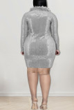 Grey Fashion Sexy Solid Sequins Patchwork Feathers O Neck One Step Skirt Plus Size Dresses