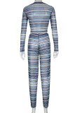 Blue Sexy Striped Print Patchwork O Neck Long Sleeve Two Pieces