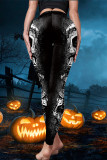 Black Fashion Casual Skull Head Print Patchwork Skinny High Waist Pencil Trousers
