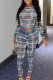 Blue Sexy Striped Print Patchwork O Neck Long Sleeve Two Pieces