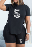 Black Fashion Print Draw String O Neck Short Sleeve Two Pieces