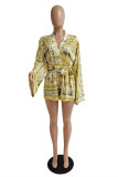 Yellow Fashion Casual Print Bandage Patchwork V Neck Regular Romper