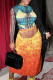 Orange Sexy Print Patchwork O Neck Long Sleeve Two Pieces