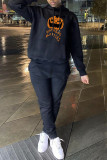 Black Fashion Casual Print Basic Hooded Collar Long Sleeve Two Pieces