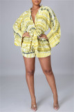 Yellow Fashion Casual Print Bandage Patchwork V Neck Regular Romper