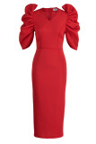 Red Elegant Solid Patchwork V Neck Evening Dress Dresses