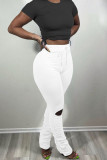 Pink Fashion Casual Solid Ripped Fold Skinny High Waist Trousers