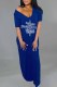 Deep Blue Fashion Casual Print Letter V Neck One Step Skirt Dresses