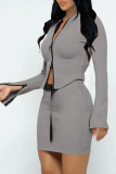 Grey Sexy Solid Patchwork Zipper Collar Long Sleeve Two Pieces