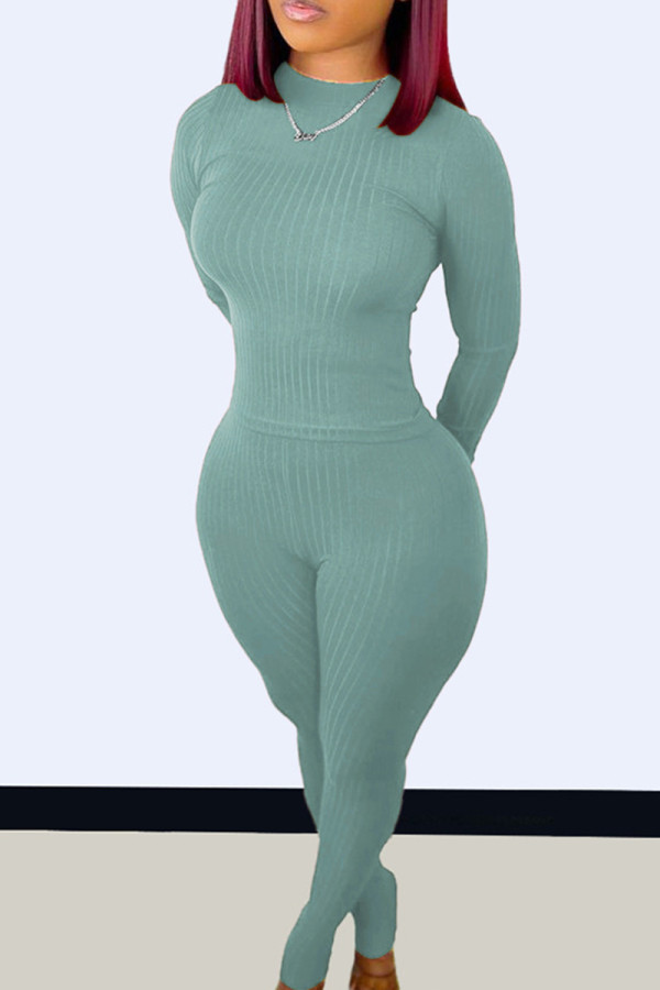 Gray Green Fashion Casual Solid Basic O Neck Long Sleeve Two Pieces