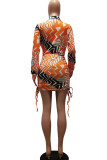 Purple Fashion Print Bandage Patchwork V Neck One Step Skirt Dresses