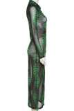 Black Green Sexy Print Patchwork Buckle Turndown Collar One Step Skirt Dresses