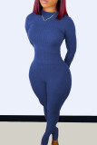 Blue Fashion Casual Solid Basic O Neck Long Sleeve Two Pieces