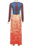 Orange Sexy Print Patchwork O Neck Long Sleeve Two Pieces