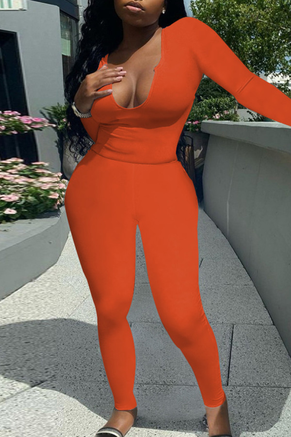Orange Fashion Casual Solid Basic O Neck Long Sleeve Two Pieces