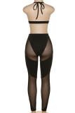White Sexy Solid Patchwork See-through Halter Sleeveless Two Pieces
