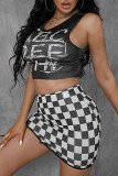 Black Sexy Street Plaid Print Patchwork O Neck Sleeveless Two Pieces