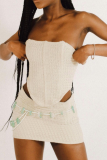 Apricot Sexy Solid Patchwork Strapless Sleeveless Two Pieces