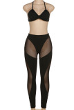 White Sexy Solid Patchwork See-through Halter Sleeveless Two Pieces