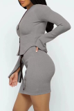 Khaki Sexy Solid Patchwork Zipper Collar Long Sleeve Two Pieces