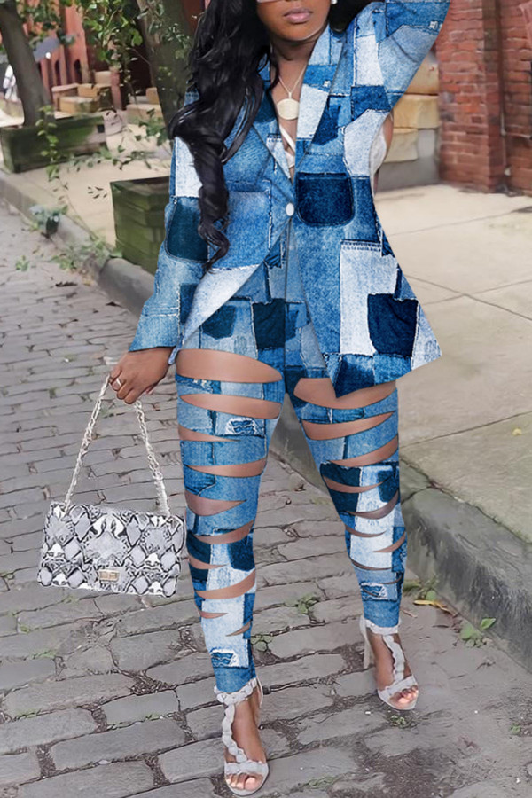 Dark Blue Sexy Street Print Hollowed Out Turn-back Collar Two Pieces