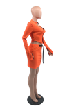 Tangerine Red Sexy Solid Patchwork Zipper Collar Long Sleeve Two Pieces