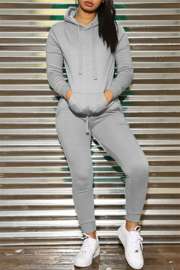 Grey Fashion Casual Solid Patchwork Hooded Collar Long Sleeve Two Pieces
