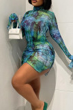 Blue Sexy Print Patchwork Half A Turtleneck Pencil Skirt Dresses
