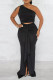 Black Sexy Solid Patchwork Oblique Collar Sleeveless Two Pieces