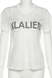 Cream White Fashion Print Mesh O Neck T-Shirts