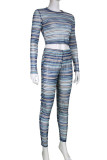 Blue Sexy Striped Print Patchwork O Neck Long Sleeve Two Pieces