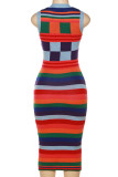 Colour Sexy Print Patchwork O Neck Pencil Skirt Dresses