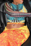 Orange Sexy Print Patchwork O Neck Long Sleeve Two Pieces