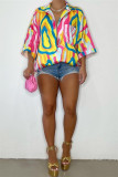 Yellow Fashion Casual Print Patchwork Shirt Collar Shirt Dress
